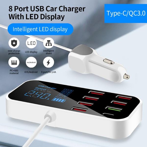 Hubs 8 Port Car Зарядное устройство с светодиодным дисплеем Type-C QC3.0 быстро зарядка