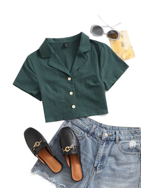 

lapel collar buttoned front blouse h85b#, White