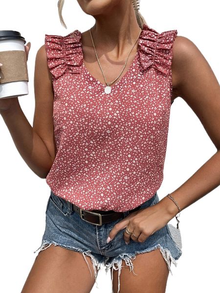 

allover print ruffle trim blouse 5491#, White