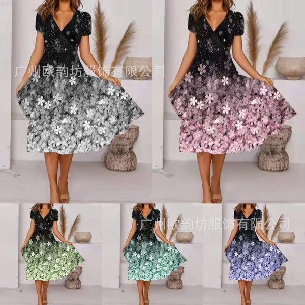 

designer designer2022 women's floral print short sleeve large swing dress 2022, Black;gray