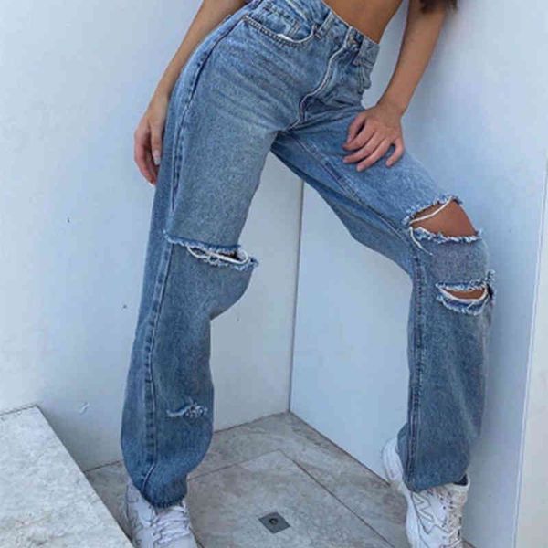 

2021 new street trendsetter high waist pierced jeans straight pants, Blue