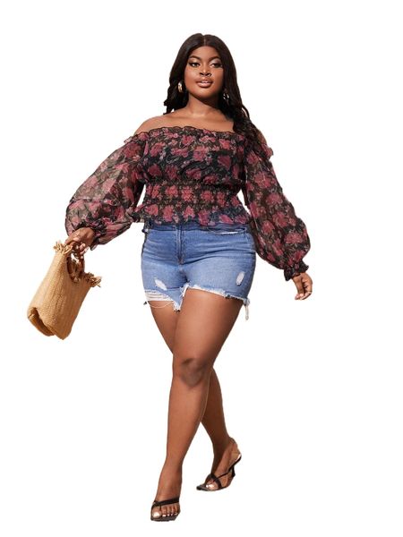 

x agata plus allover floral print off shoulder ruffle lantern sleeve organza blouse z2qb#, Black