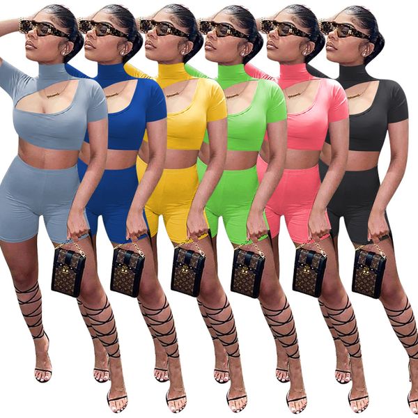 Venda quente Verão Sólido Color Tracksuits para Mulheres Manga Curta Suporte Pescoço Escavado Crop Top e Slim Shorts Sexy 2 peças Sets F8282