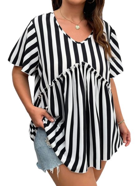 

plus vertical striped frill trim blouse e0qk#, Black