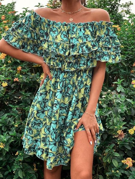 

allover floral print off shoulder ruffle hem dress g66w#, Black;gray