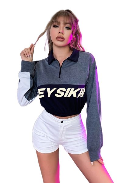 

meysi kim letter graphic quarter zip drop shoulder pullover 183g#, Black
