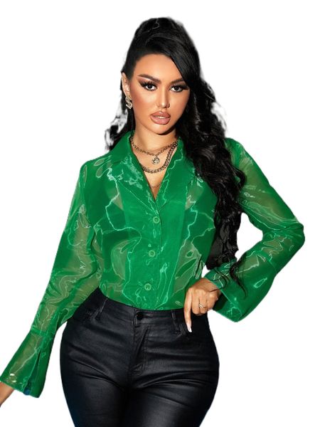 

sxy split sleeve organza sheer blouse without bra t5vc#, White