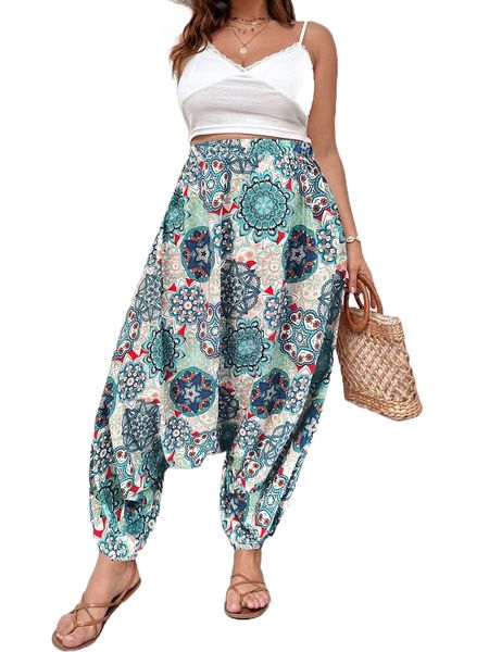 

plus mandala print drop crotch pants k2mc#, Black