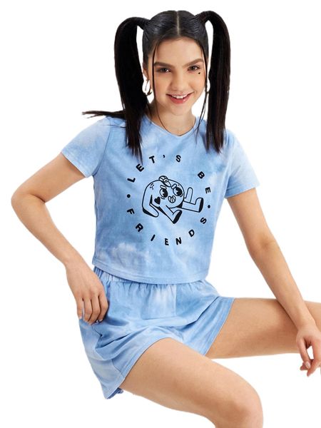 

x antonay tie dye cartoon graphic crop tee & track shorts set p6gx#, White