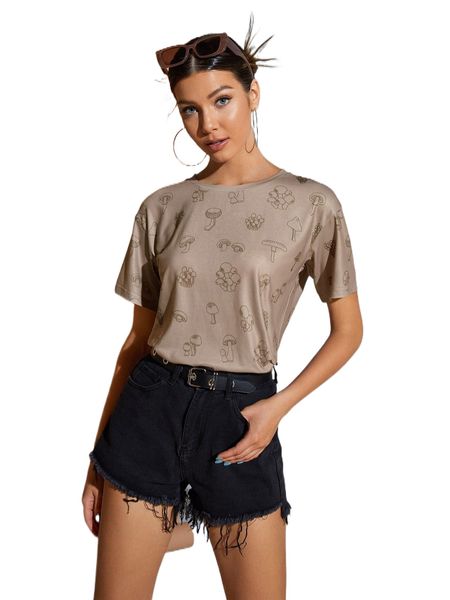 

x saramiel art mushroom print drop shoulder tee z269#, White