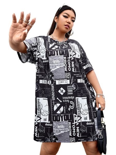 

plus slogan graphic tee dress 484s#, Black
