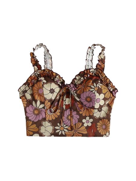 

romwe x goldendazeillustration floral print shirred knot cami x5i1#, White