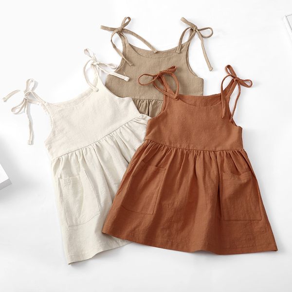 Kleines Kleid für kleine Mädchen, ärmellose Baumwolle, dünner Hosenträger, Strandrock mit Tasche, solide Slip-Kleider-Outfits