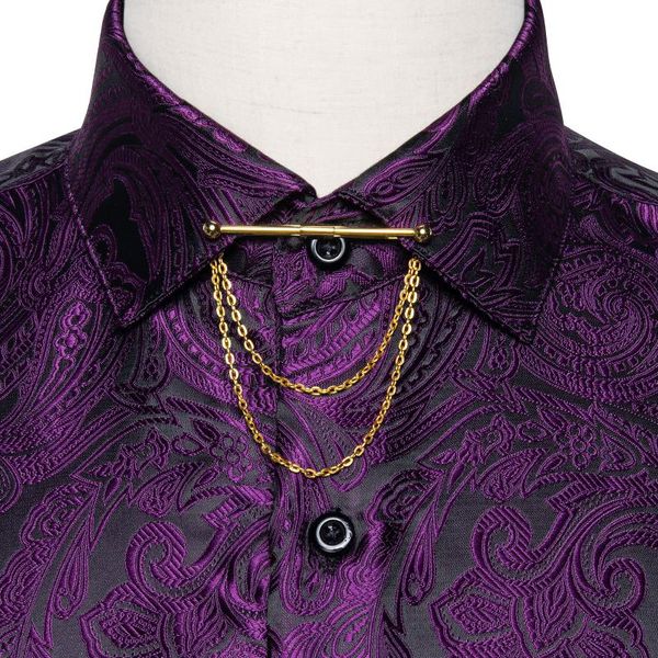 Camicie casual da uomo Viola Paisley per uomo Abito sociale maschile formale con spilla da colletto Camisa Masculina Abbigliamento firmatoUomo