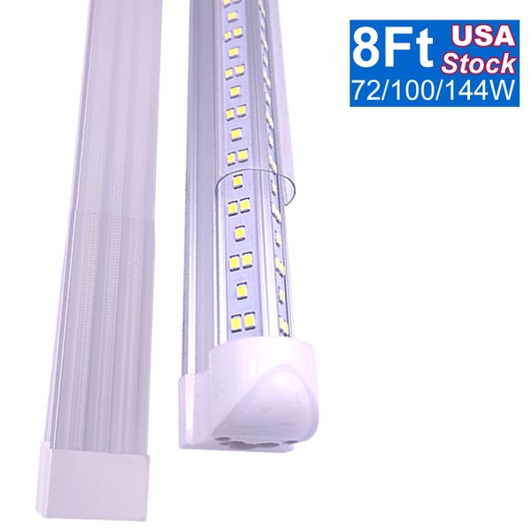 8FT V Tubo de forma LED Loja Luz 72W 6500K Cool Triple Branco Lados Lados Alta Saída, Tampa Clear, T8 Luzes Integradas para Garagem 8 Pé Com Plug, Armazém, Workshop Oemled