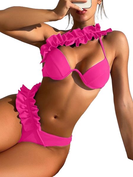 

frill trim push up bikini swimsuit n443#, White;black