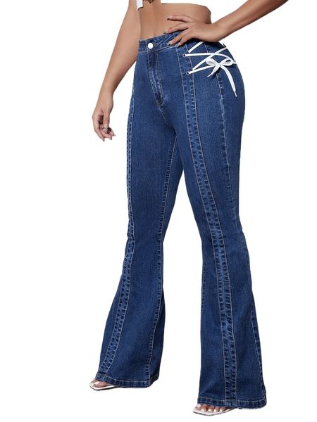 

sxy high waist lace up flare leg jeans 25zk#, Blue