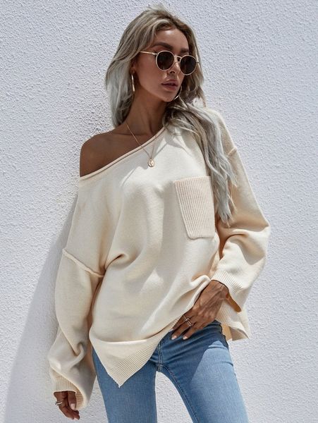 

patched pocket drop shoulder split hem sweater d2p2#, White;black