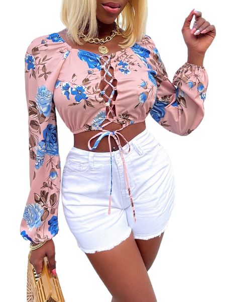 

random floral print lace up front lantern sleeve crop blouse l7ol#, White