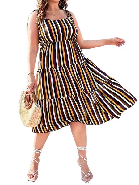 

plus vertical striped tie shoulder ruffle hem cami dress 77ml#, Black