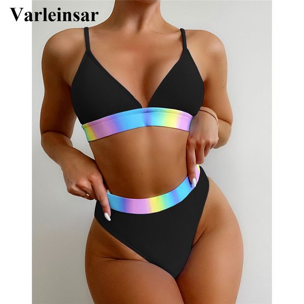 

2022 splicing padded high waist bikini female swimsuit women swimwear two-pieces bikini set bather bathing suit swim v3137, White;black