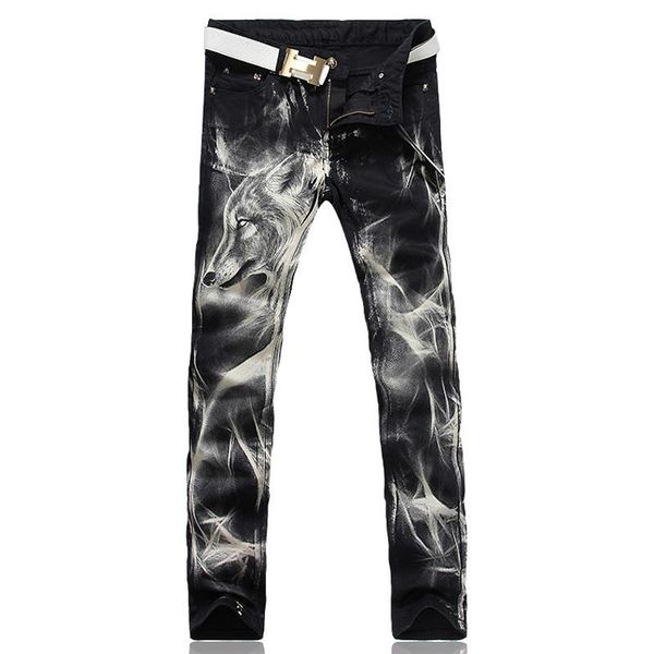

men's jeans fashion wolf print stretch denim slim black painted straight pants long trousers, Blue