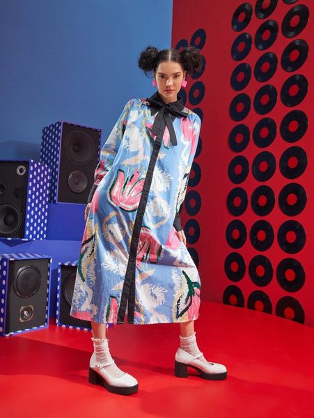 

x apipoj floral print contrast trim tie neck shirt dress j3mb#, Black;gray