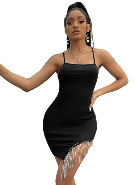 

rhinestone fringe hem bodycon dress k5qf#, Black;gray