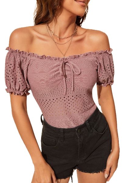 

off shoulder tie front puff sleeve frilled eyelet embroidered tee k2gz#, White