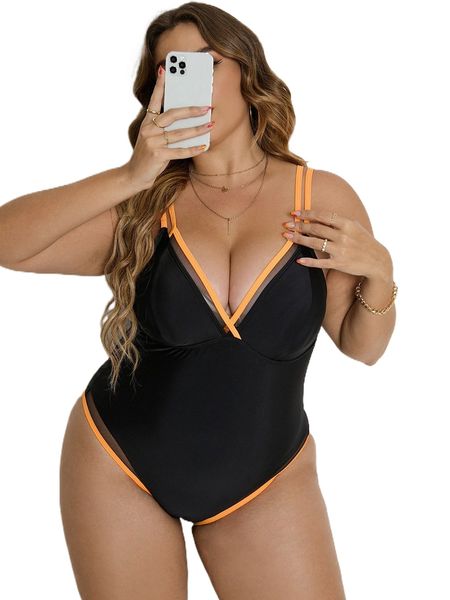 

plus contrast binding double strap one piece swimsuit 20xx#, White;black