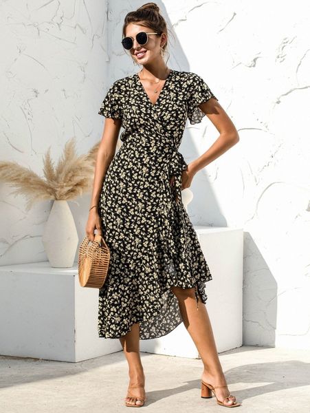 

ditsy floral tie side wrap dress b81i#, Black;gray