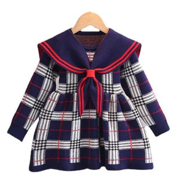

2022 fashion baby girls knitted sweater dresses spring autumn preppy style kids long sleeve dress coat collar children princess dress, Red;yellow