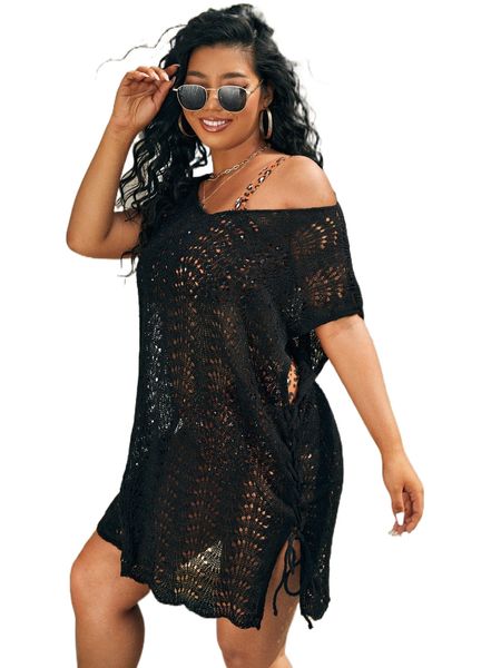 

plus crochet lace-up cover up k8la#, Black