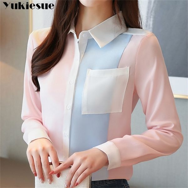 

summer fashion women chiffon blouses office lady shirts long sleeve pocket women casual spliced womens blusas clothing 210412, White