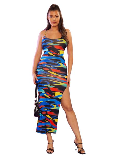 

allover print criss cross tie backless split thigh dress d3qd#, Black;gray