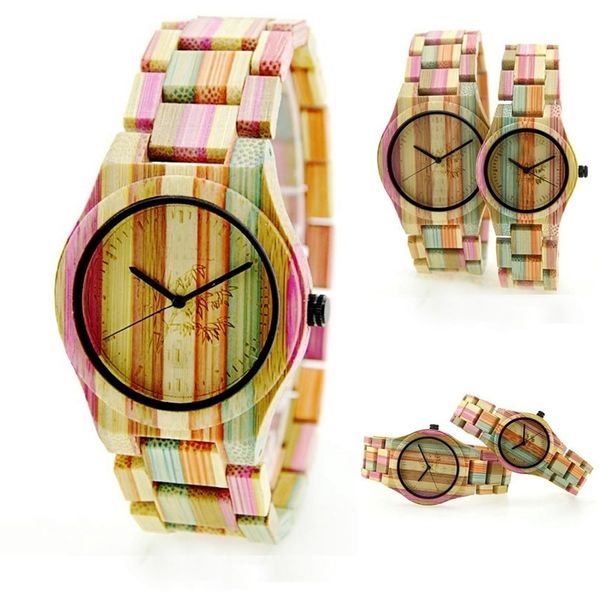 Mode Bambus Holz Uhr Bunte Frauen Uhren Regenbogen Quarzuhr Natürliche Holz Armbanduhr mit Bambus Band uhren mujer 201114