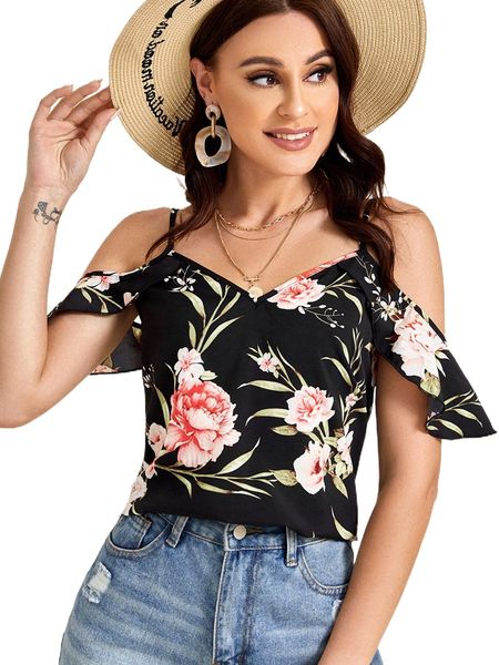 

floral print cold shoulder d2qr#, White