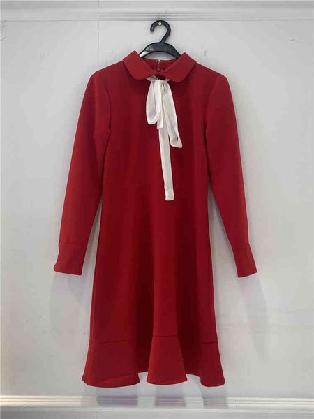 

casual dresses red v early spring contrast lace up streamer bow tie slim long sleeved fishtail dress, Black;gray