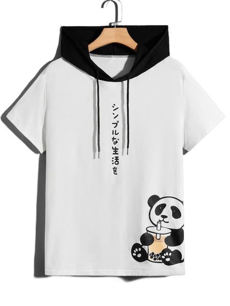 

men cartoon and japanese letter hooded tee 84lx#, White;black