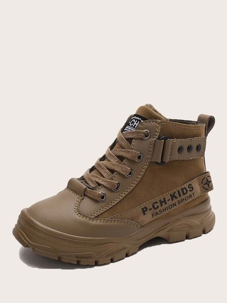 

boys letter graphic lace-up front boots she, Black;grey