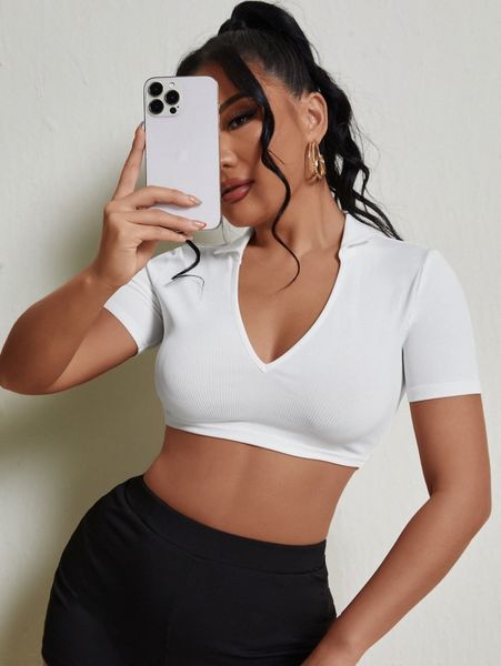 

sxy solid rib knit deep v neck crop tee a3ug#, White