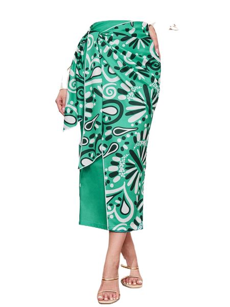 

allover print knot front skirt s6iz#, Black