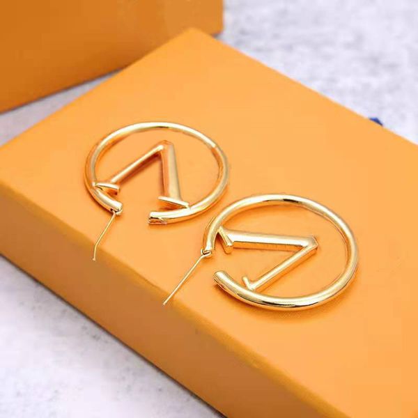 

pingfashion Womens Stud Earring 925 silver gold orange box Big round Golden V letter Hoop Earrings for Woman Screw Back Hoop Huggie Charm lvs designer jewelry