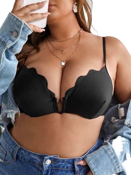 

plus scallop trim push up bikini e2tx#, Black