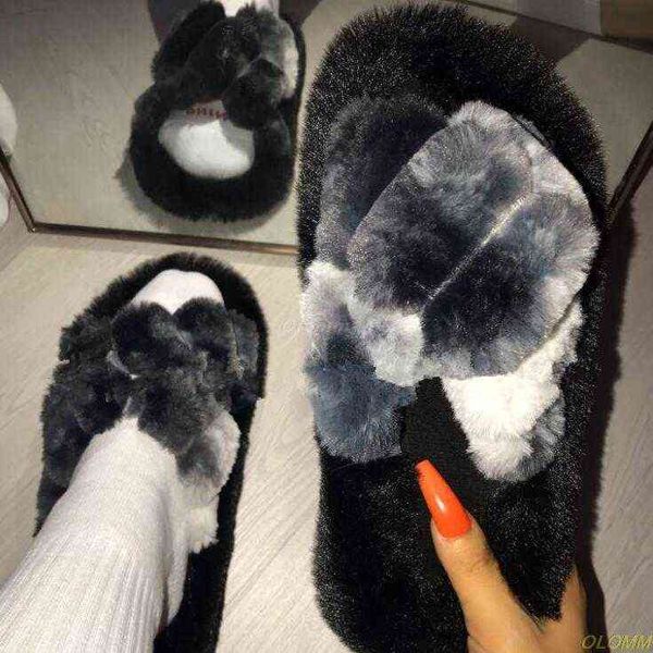 P Home Fox Fur Women Wool Fall/Inverno 2022 Novo Home Fashion Salto plano Rabbit Pur versátil e Durable Cross Fox Fel Slippers G220730