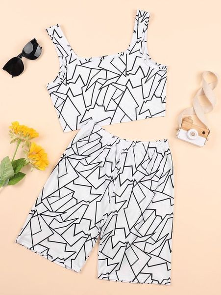 

girls 1pc geo print tank & 1pc shorts she, White