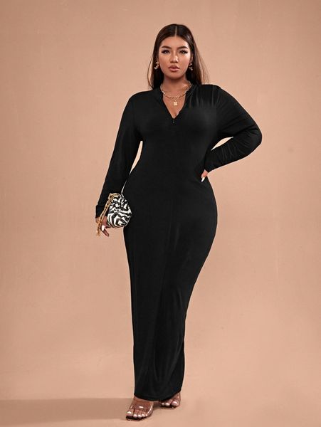 

plus solid zipper maxi bodycon dress o5ew#, Black