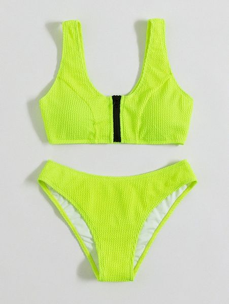 

textured zip front bikini swimsuit 05r5#, White;black