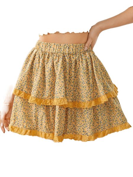 

ditsy floral lace trim layered skirt 99af#, Black