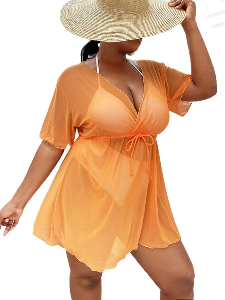 

plus drawstring waist mesh cover up j8t3#, Black